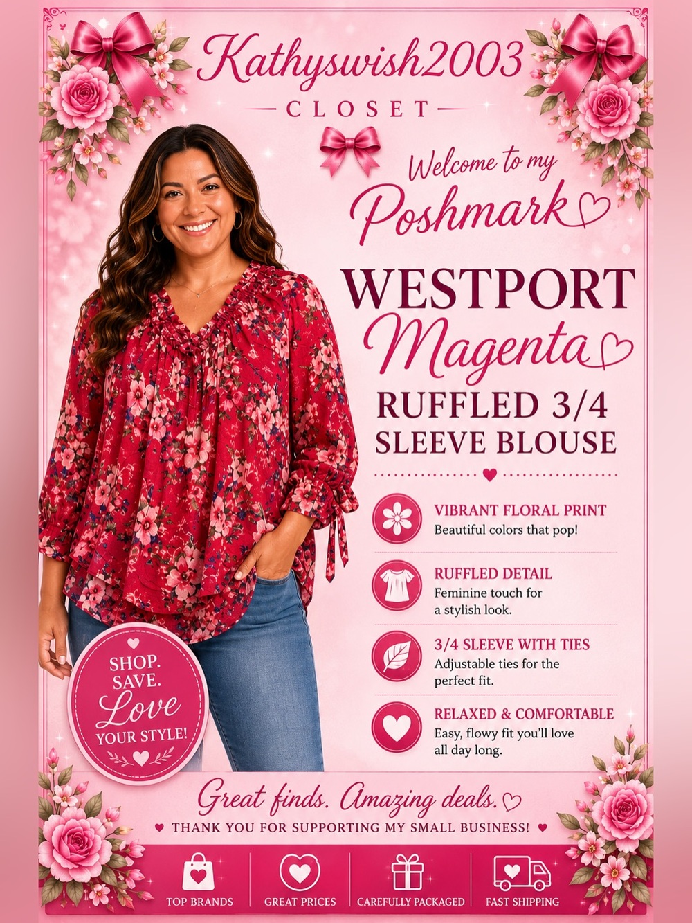 Westport Magenta Ruffled 3/4 Sleeve Blouse